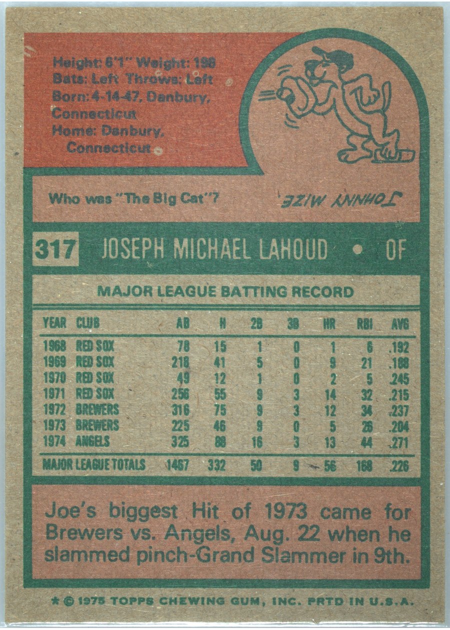 1975 Topps #317 Joe Lahoud card back