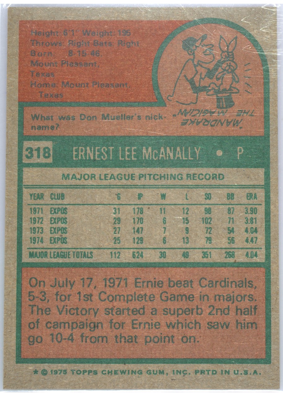 1975 Topps #318 Ernie McAnally card back