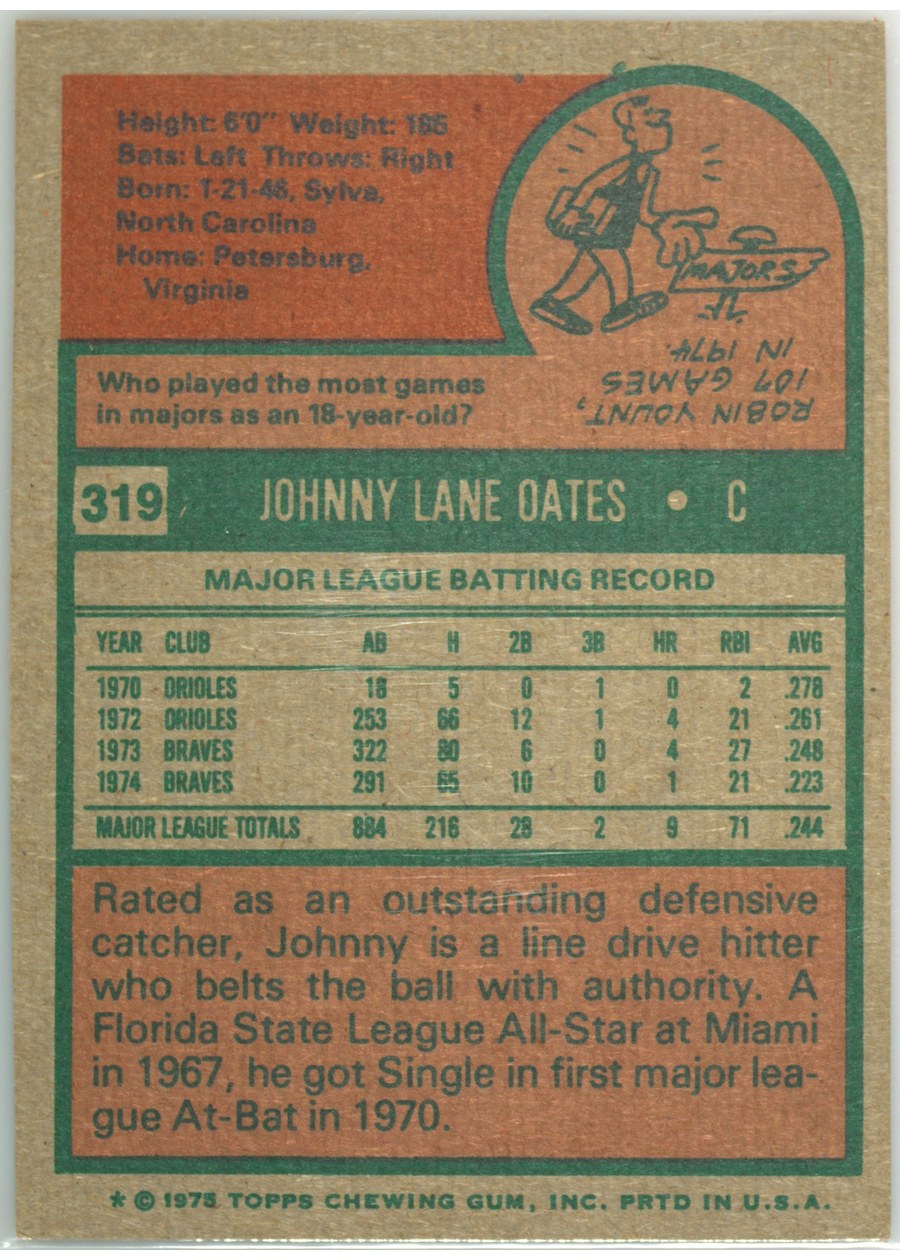 1975 Topps #319 Johnny Oates card back