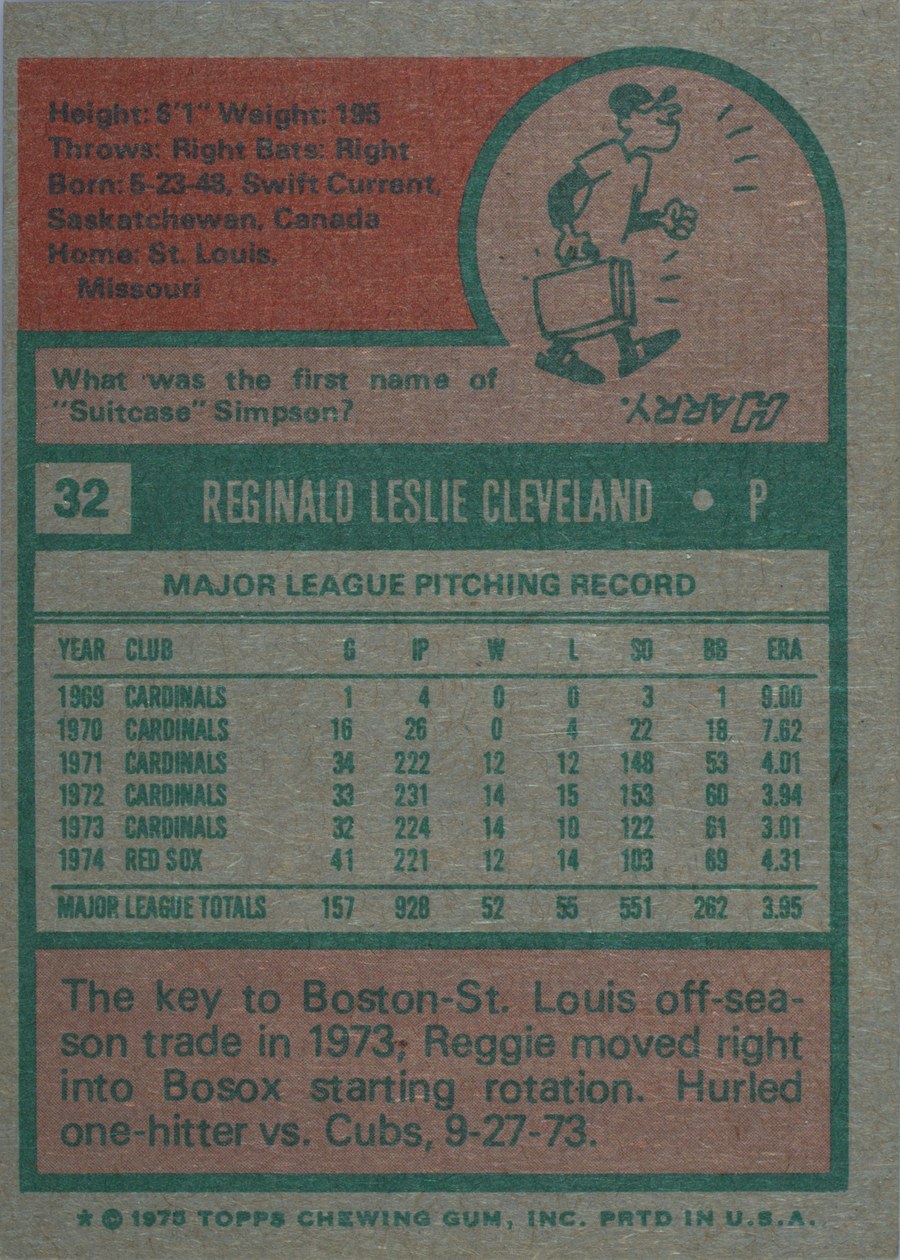 1975 Topps #32 Reggie Cleveland card back
