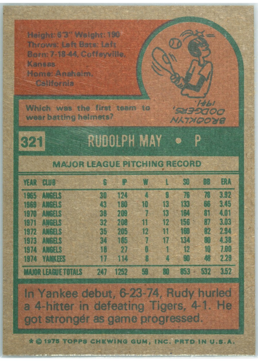 1975 Topps #321 Rudy May card back