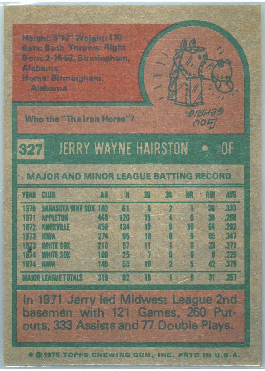 1975 Topps #327 Jerry Hairston card back