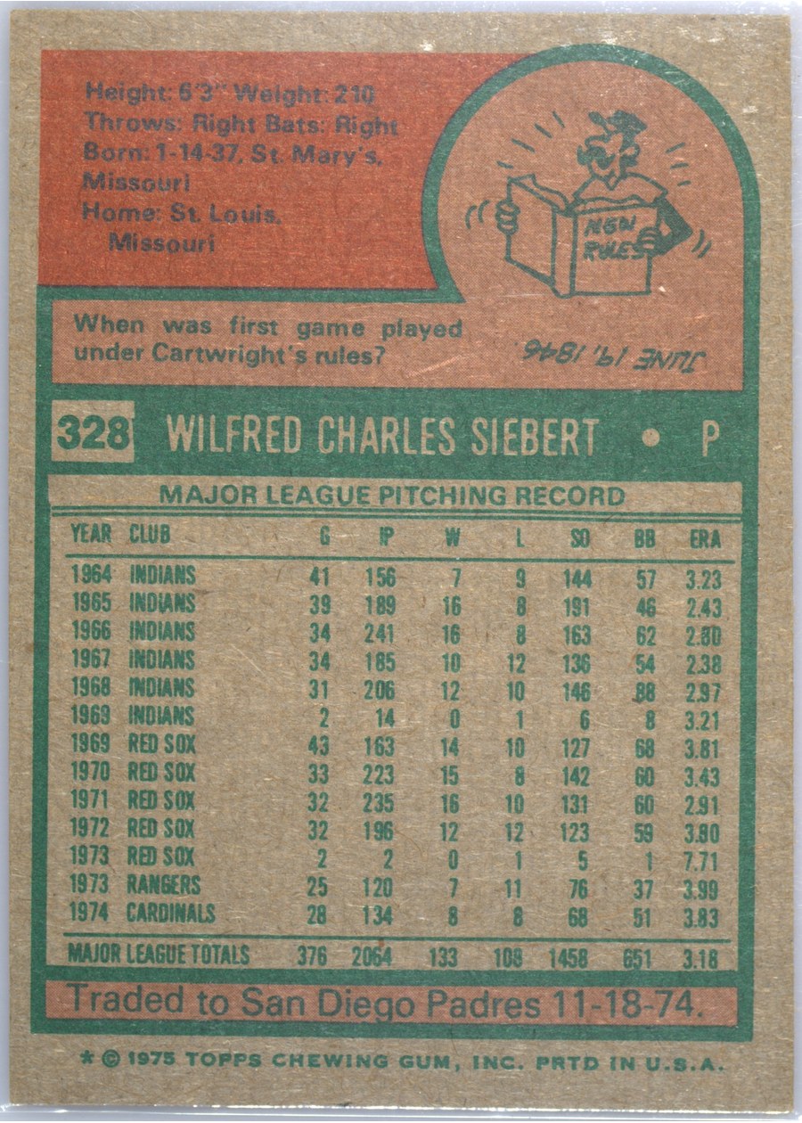 1975 Topps #328 Sonny Siebert card back