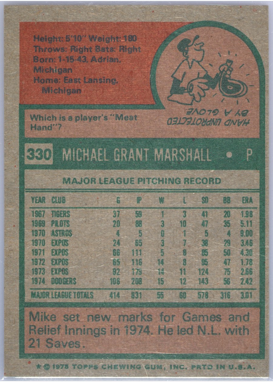 1975 Topps #330 Mike Marshall card back