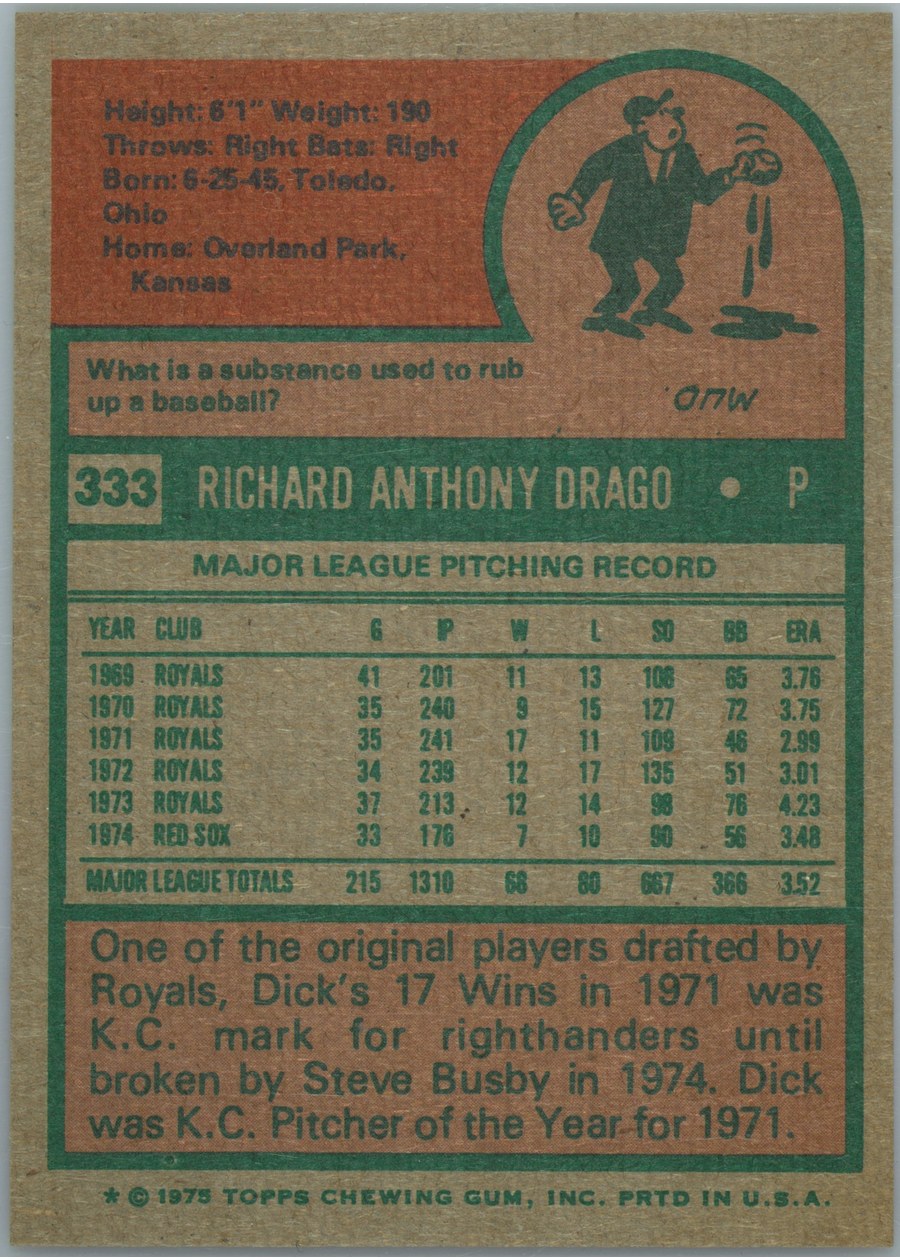 1975 Topps #333 Dick Drago card back