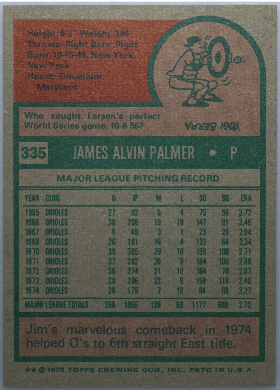 1975 Topps #335 Jim Palmer card back