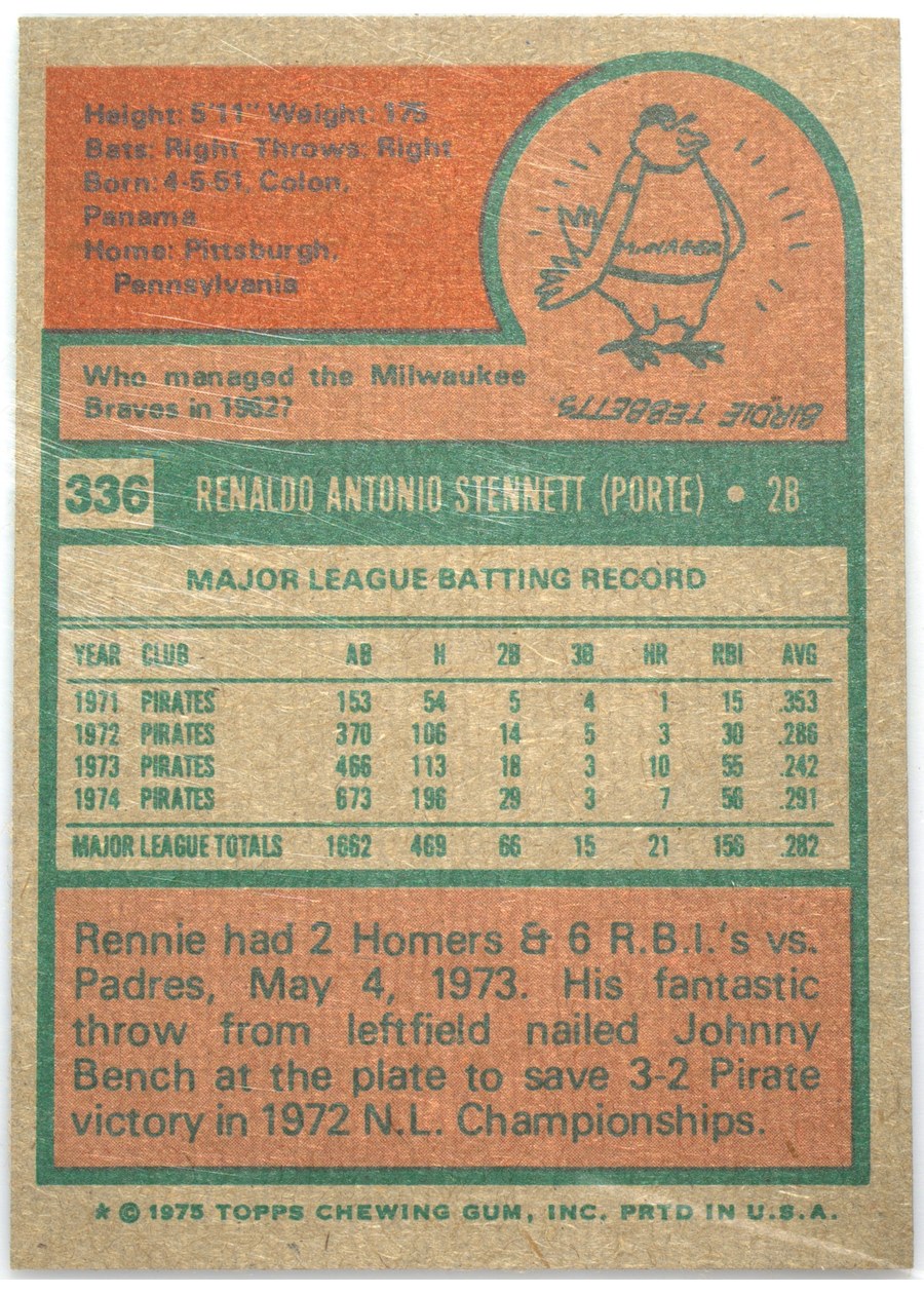 1975 Topps #336 Rennie Stennett card back
