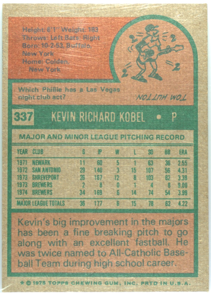 1975 Topps #337 Kevin Kobel card back
