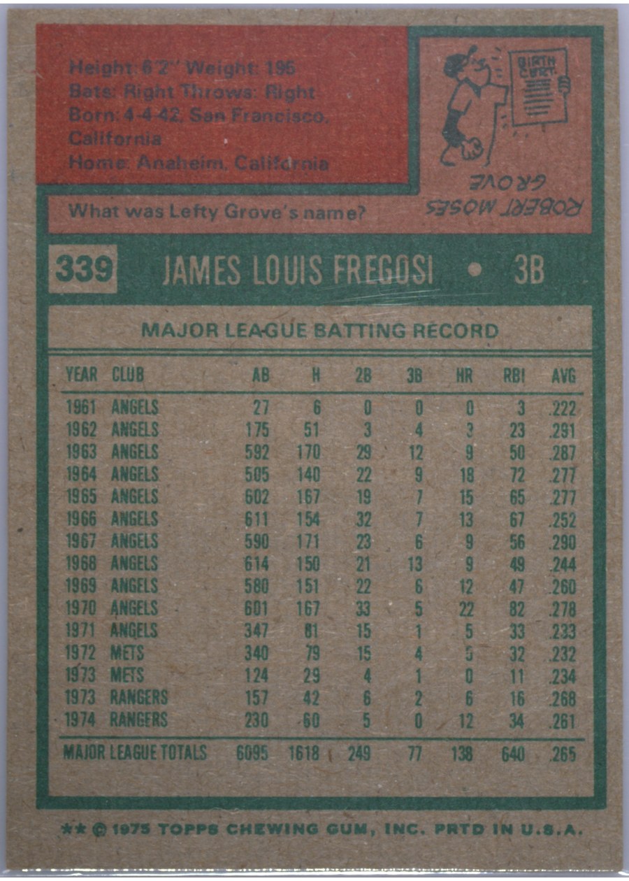 1975 Topps #339 Jim Fregosi card back