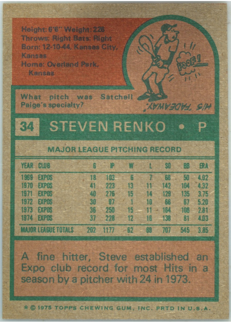 1975 Topps #34 Steve Renko card back