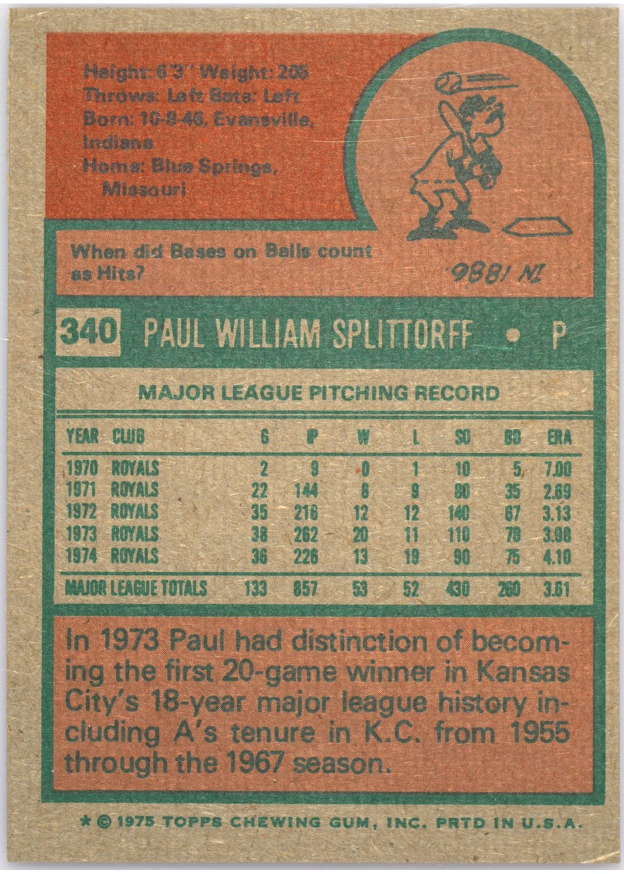 1975 Topps #340 Paul Splittorff card back