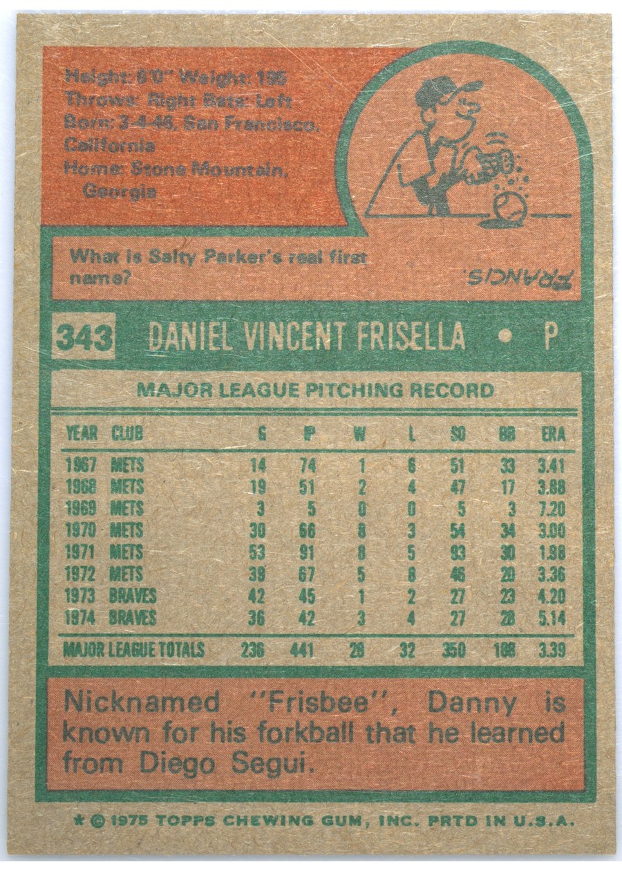 1975 Topps #343 Danny Frisella card back