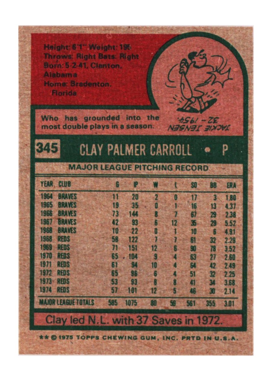 1975 Topps #345 Clay Carroll card back