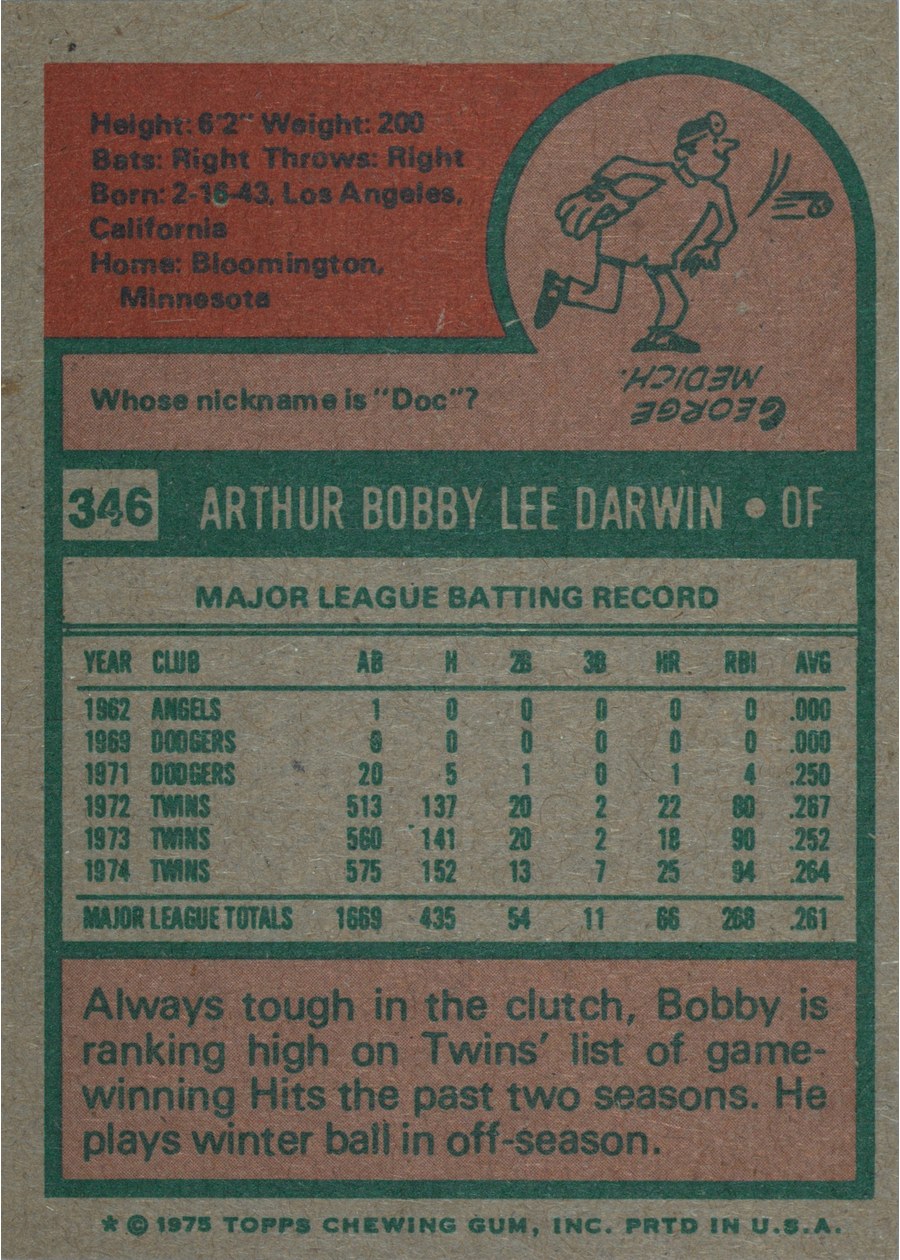 1975 Topps #346 Bobby Darwin card back