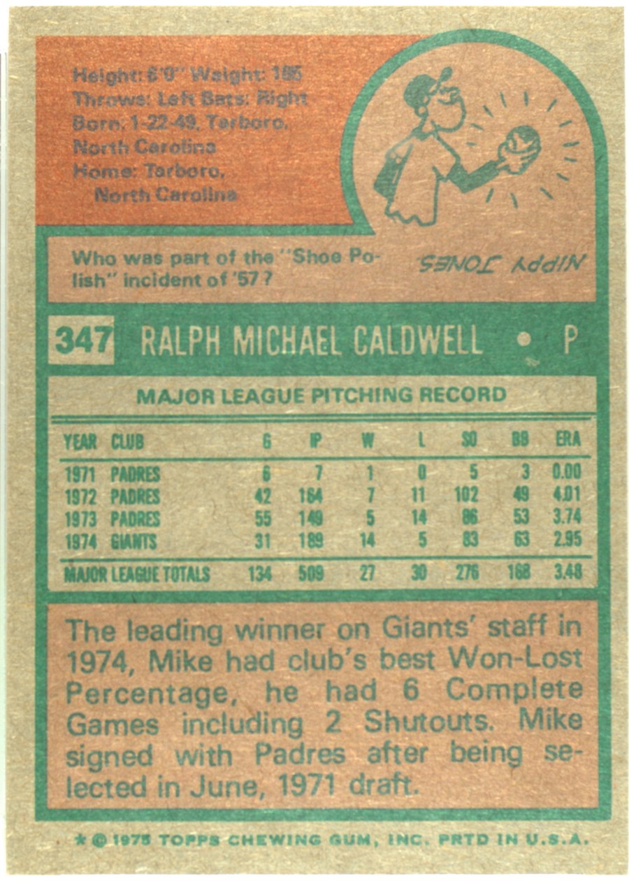 1975 Topps #347 Mike Caldwell card back