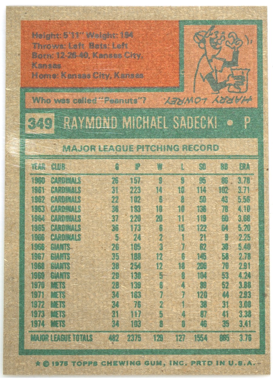 1975 Topps #349 Ray Sadecki card back