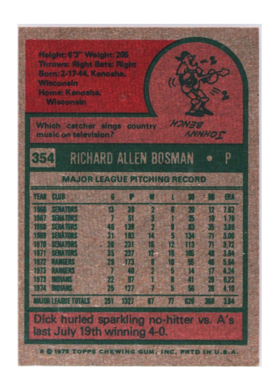1975 Topps #354 Dick Bosman card back