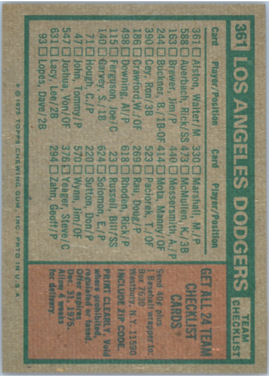 1975 Topps #361 Los Angeles Dodgers card back