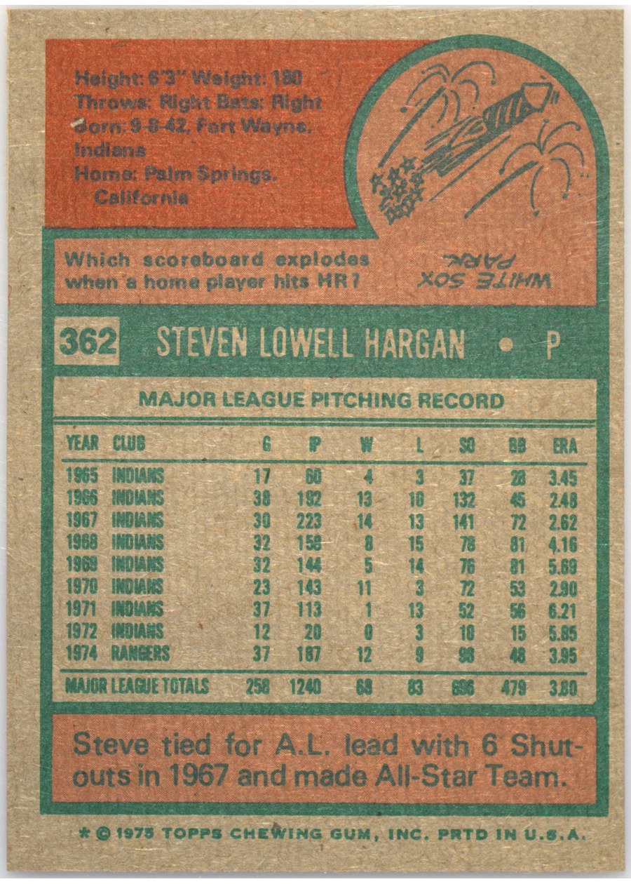 1975 Topps #362 Steve Hargan card back