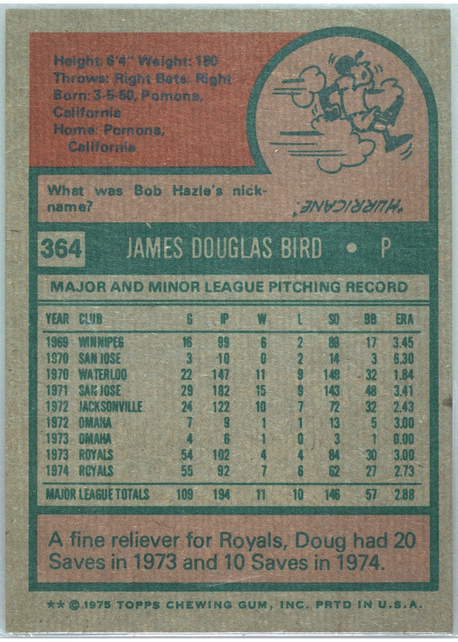1975 Topps #364 Doug Bird card back