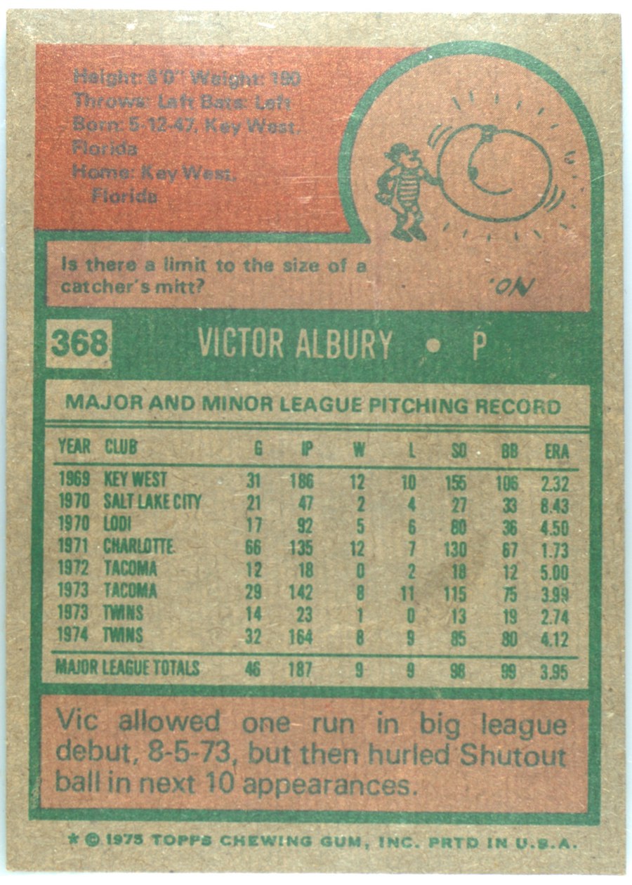 1975 Topps #368 Vic Albury card back