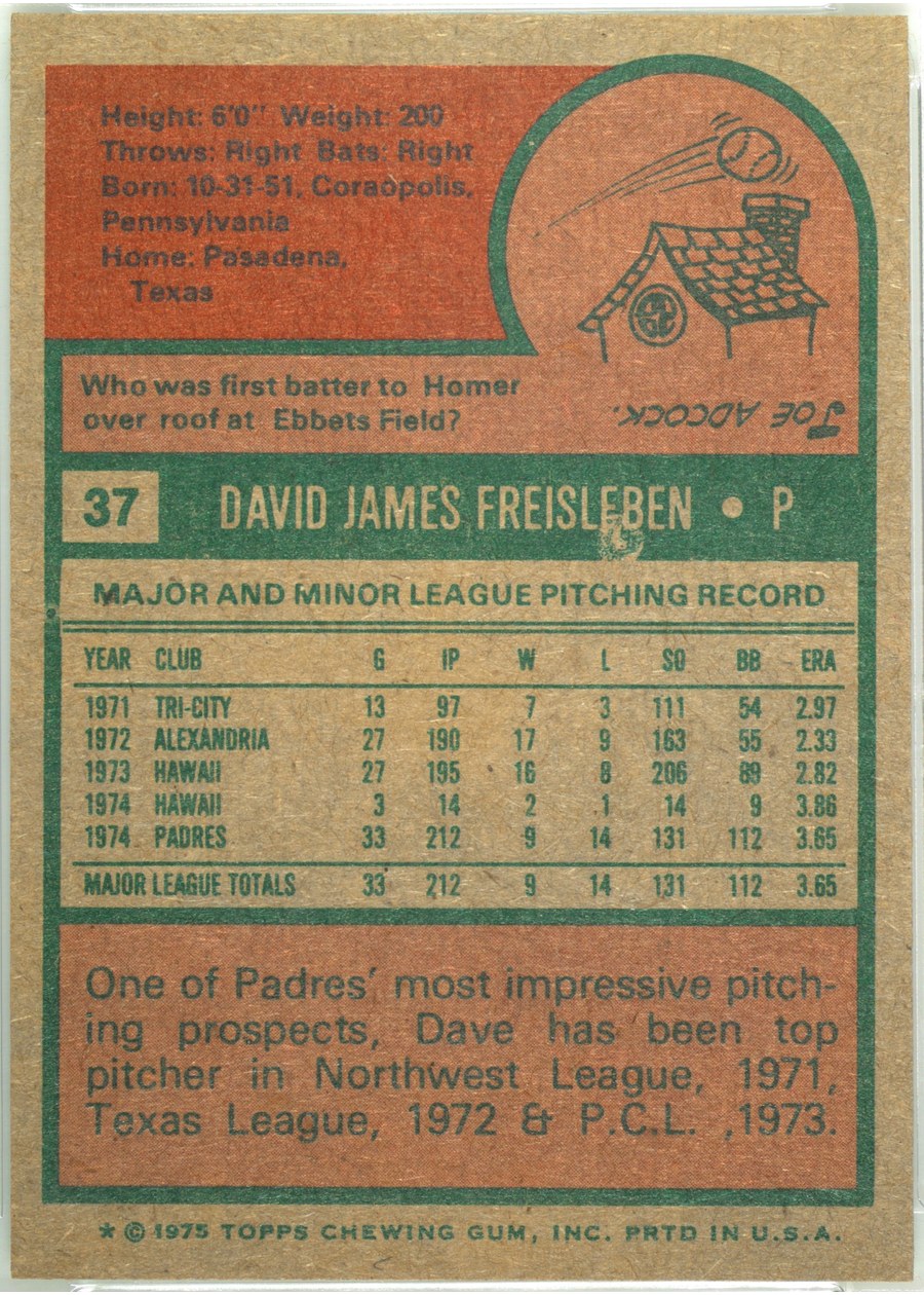 1975 Topps #37 Dave Freisleben card back