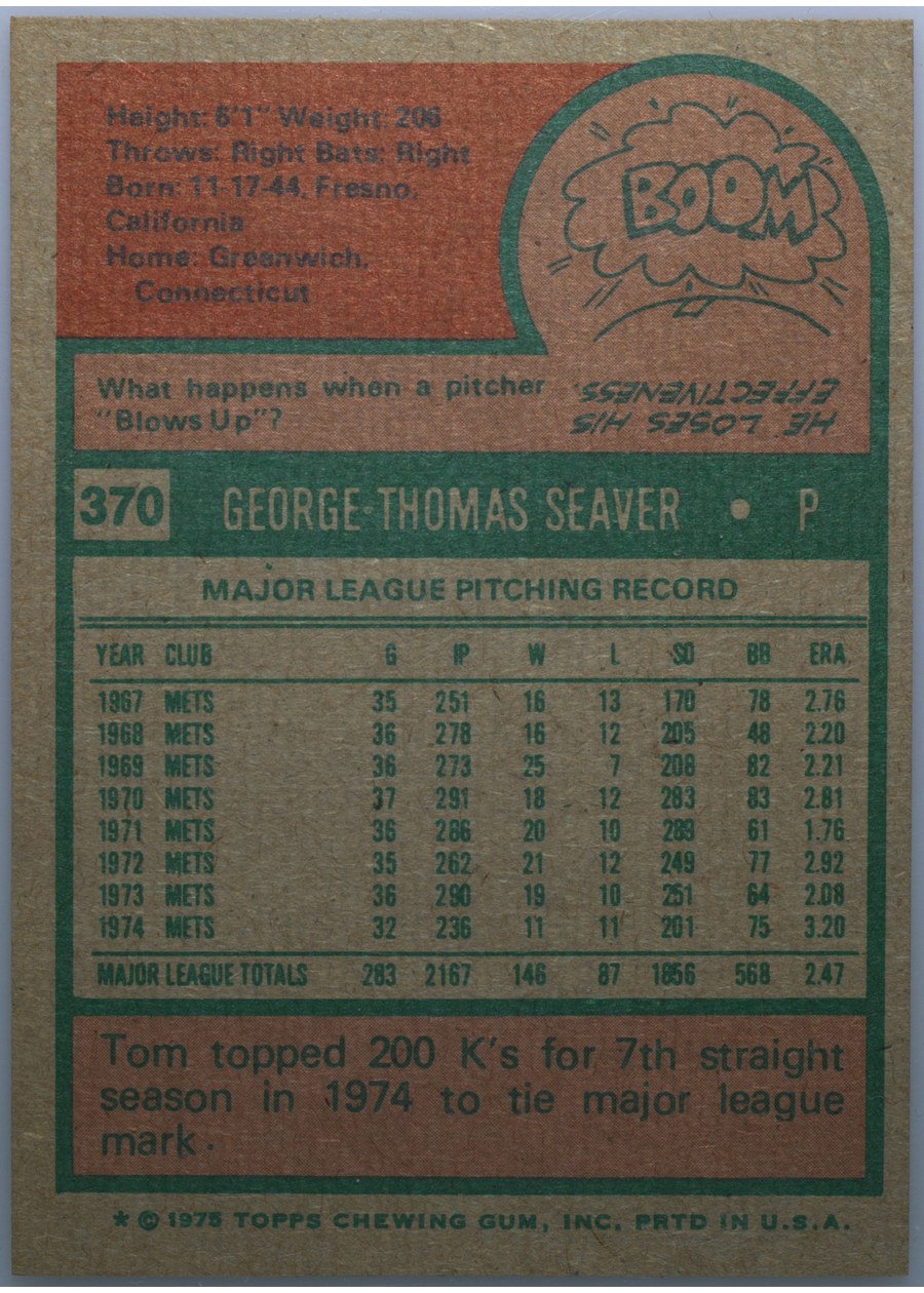1975 Topps #370 Tom Seaver card back
