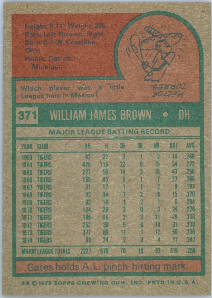 1975 Topps #371 Gates Brown card back