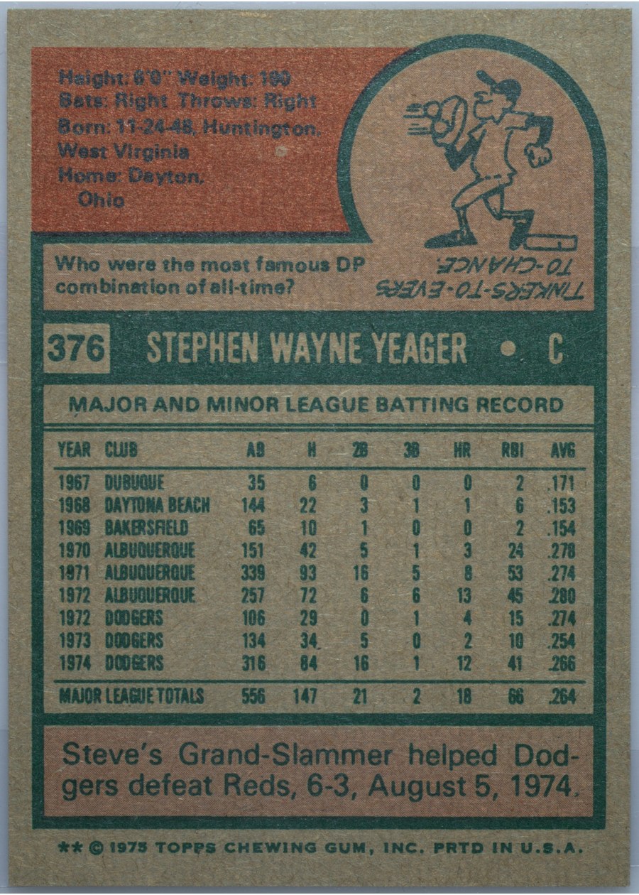1975 Topps #376 Steve Yeager card back