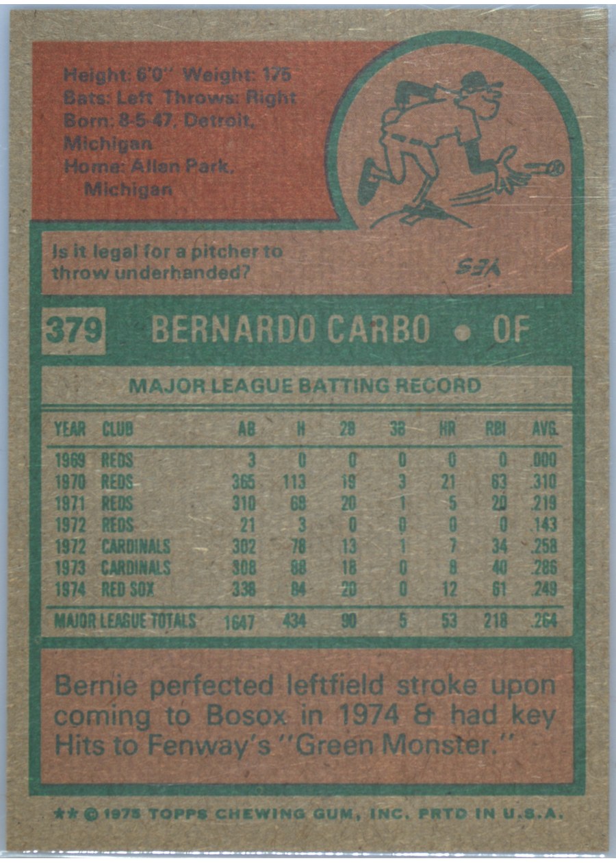 1975 Topps #379 Bernie Carbo card back