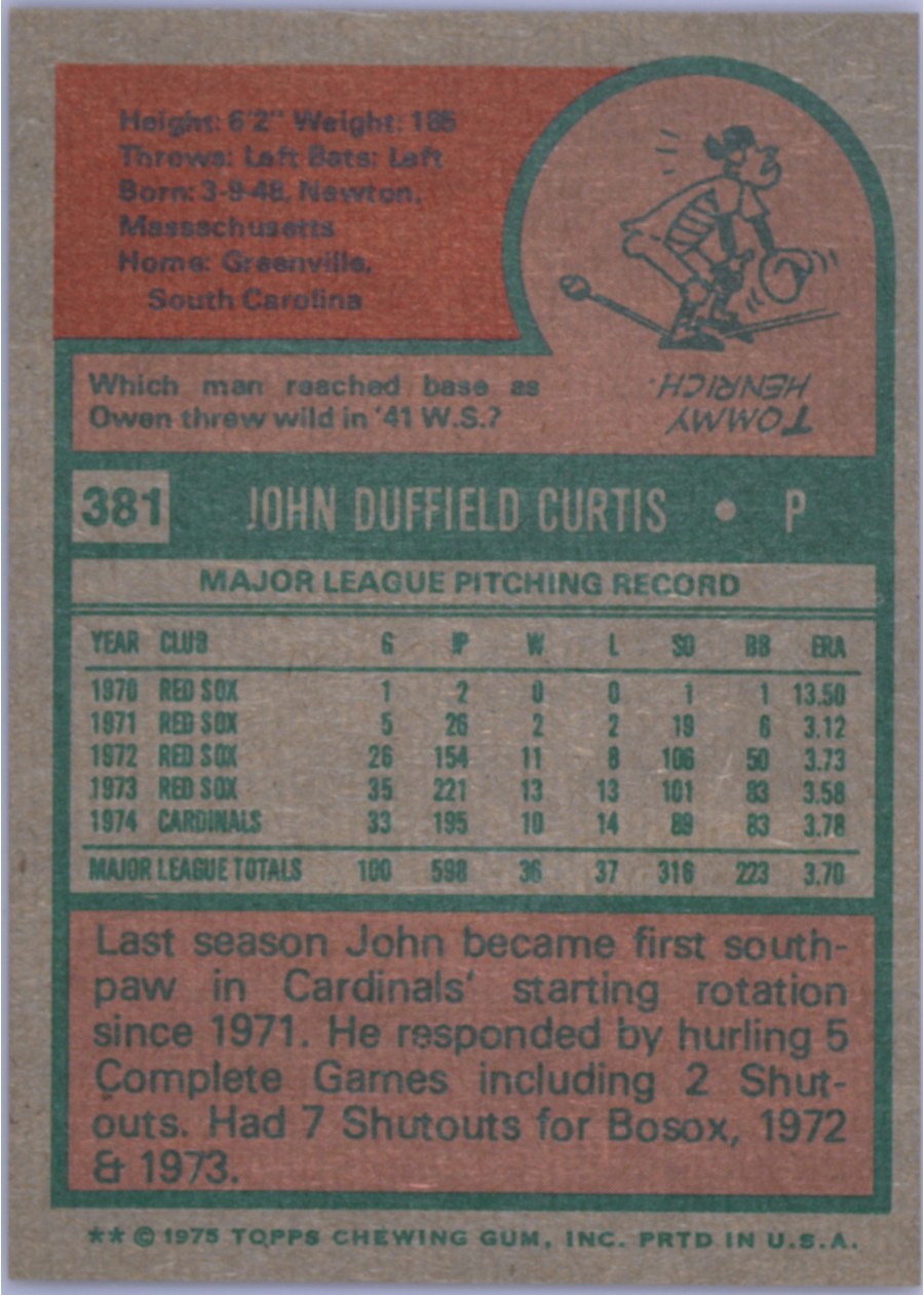 1975 Topps #381 John Curtis card back