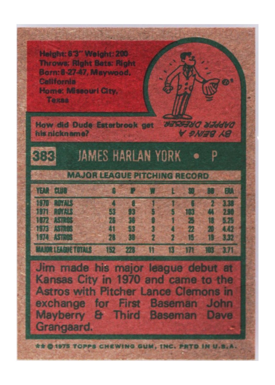 1975 Topps #383 Jim York card back
