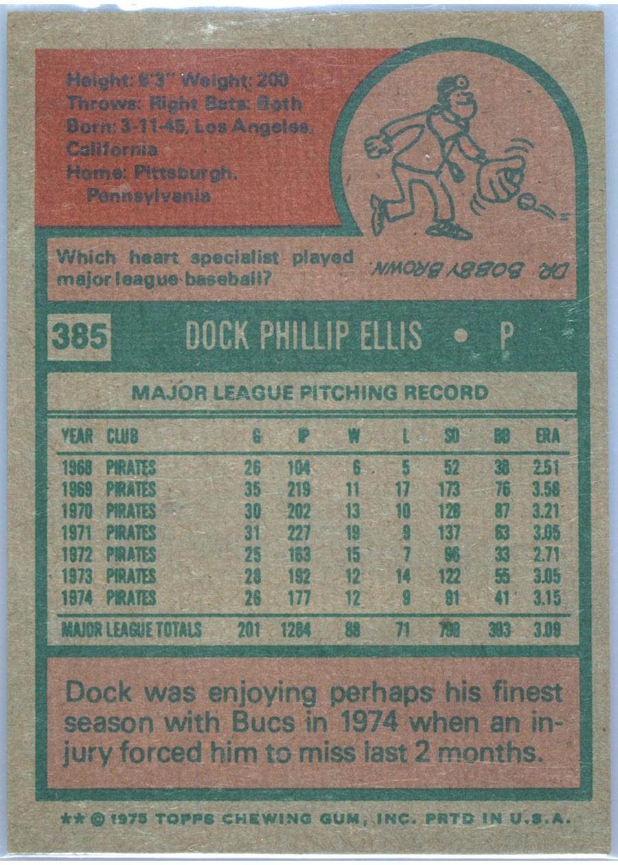 1975 Topps #385 Dock Ellis card back