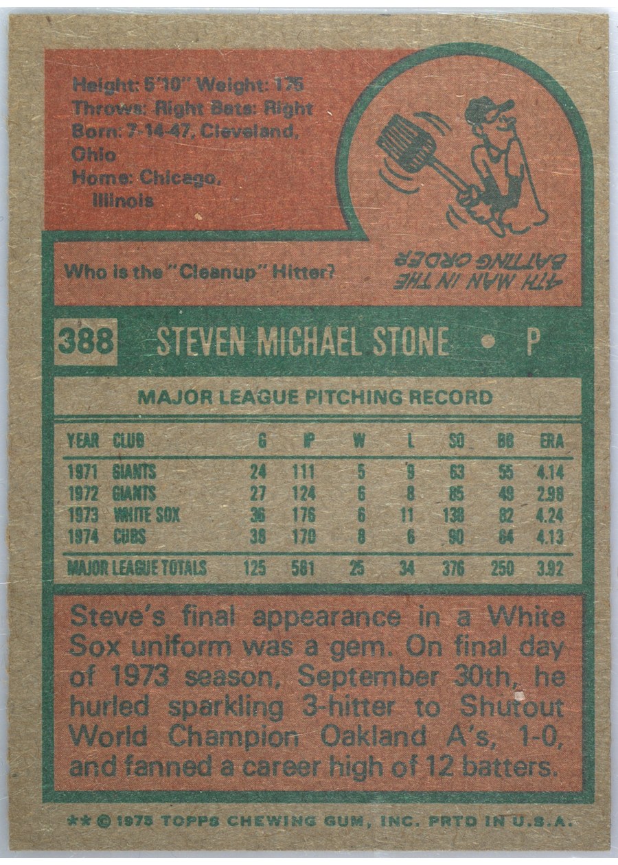 1975 Topps #388 Steve Stone card back
