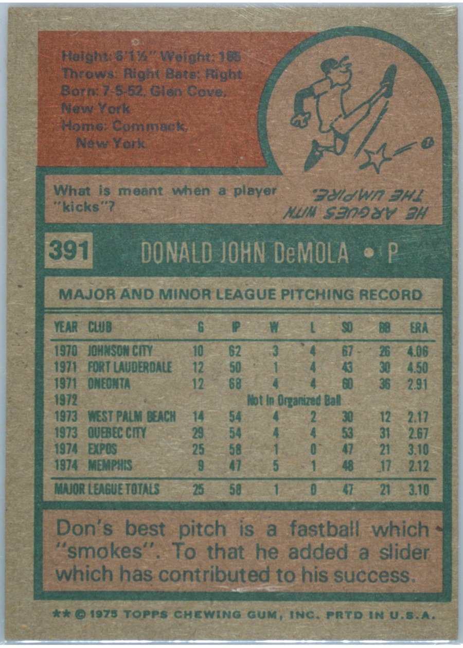 1975 Topps #391 Don DeMola card back