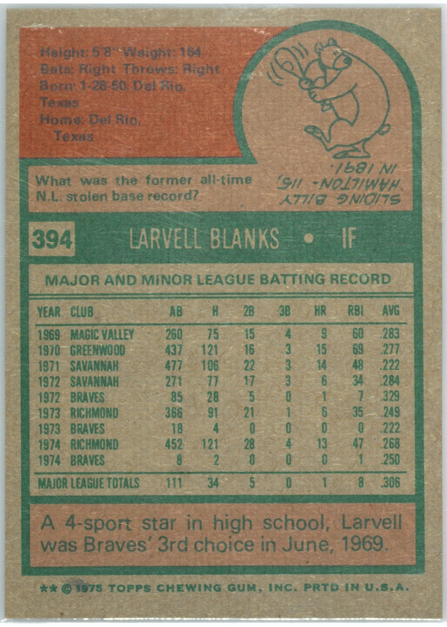 1975 Topps #394 Larvell Blanks card back