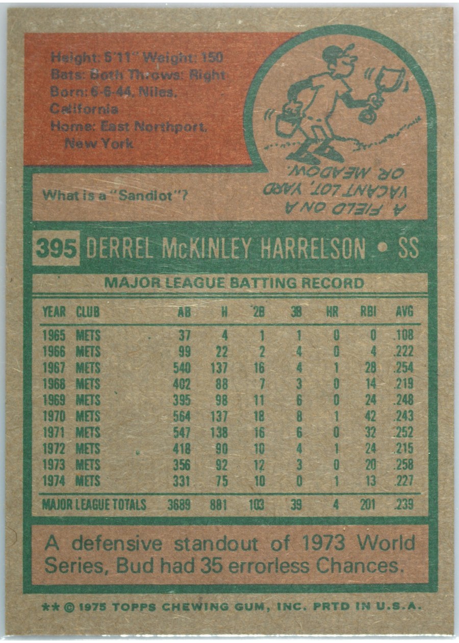 1975 Topps #395 Bud Harrelson card back