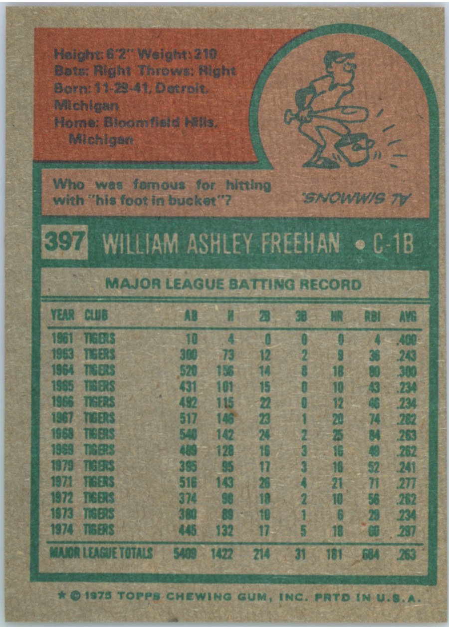 1975 Topps #397 Bill Freehan card back
