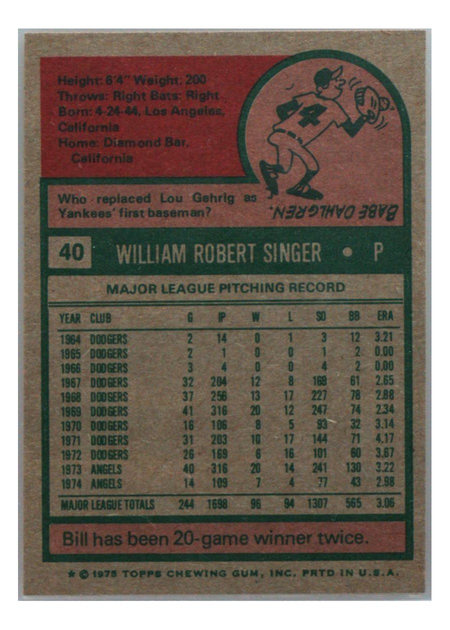 1975 Topps #40 Bill Singer card back