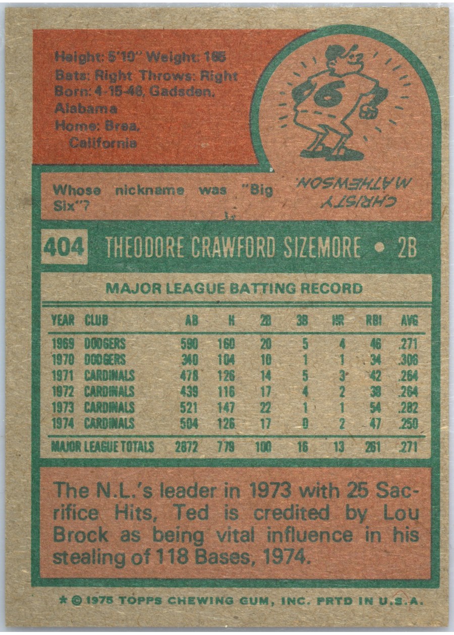 1975 Topps #404 Ted Sizemore card back