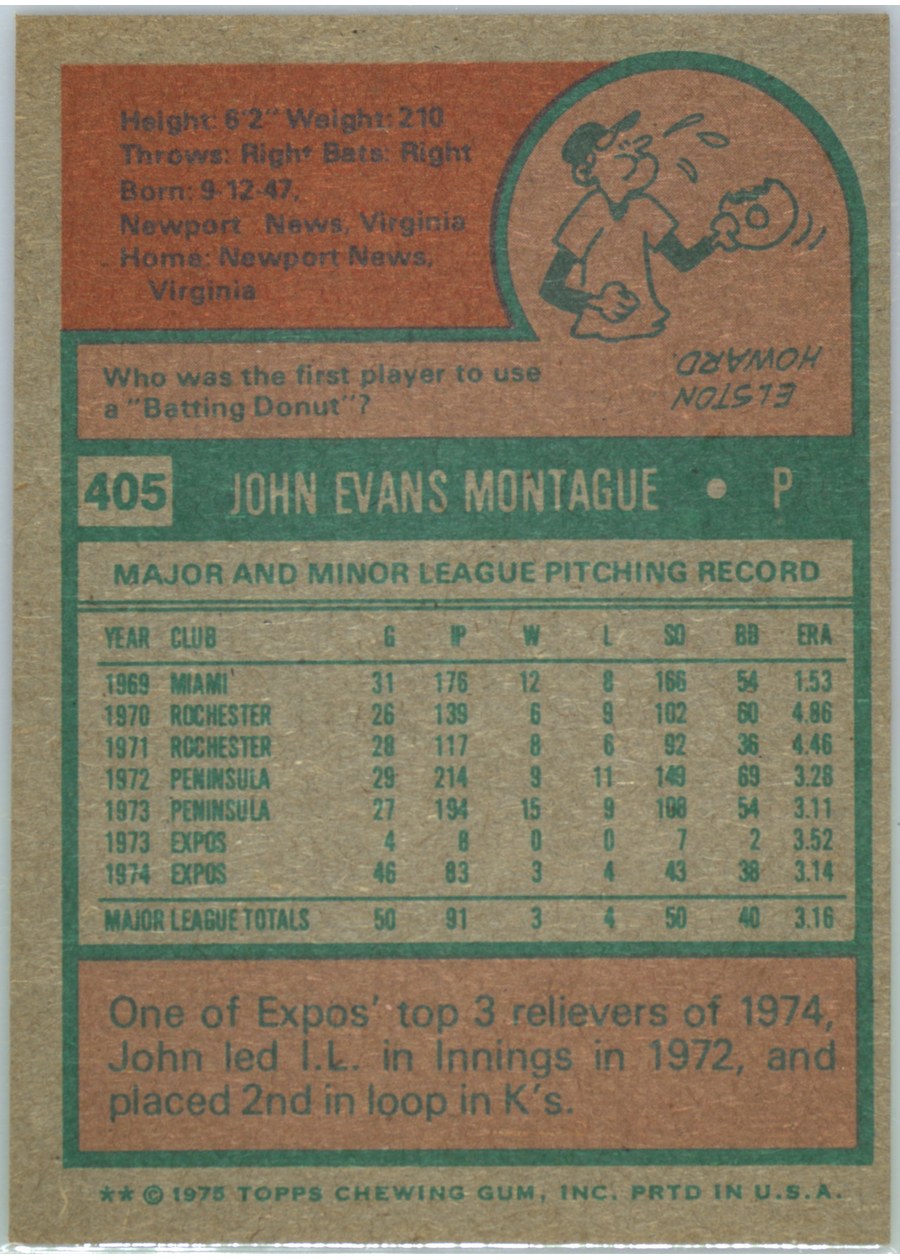 1975 Topps #405 John Montague card back