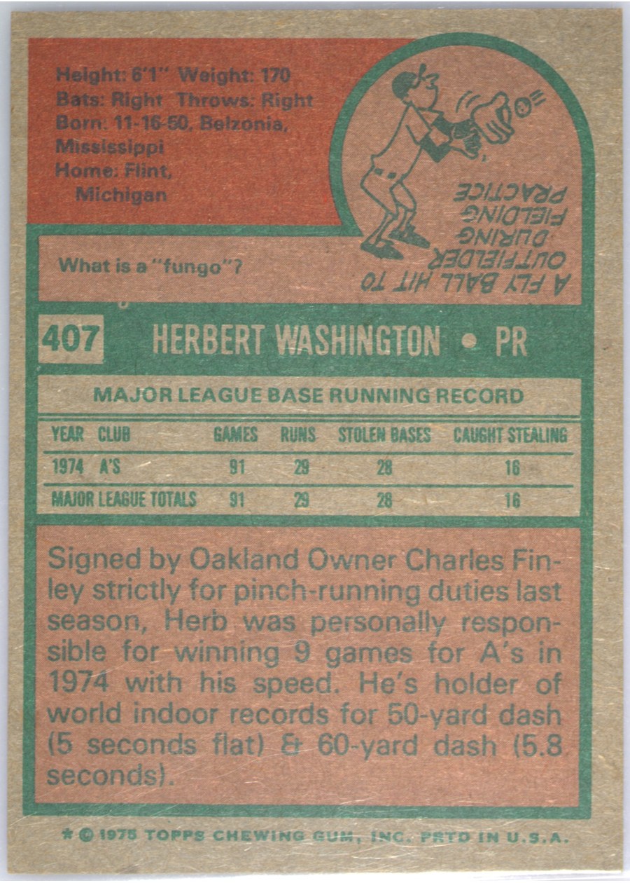 1975 Topps #407 Herb Washington card back