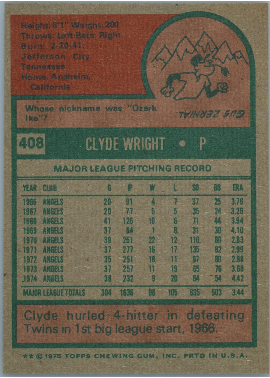 1975 Topps #408 Clyde Wright card back