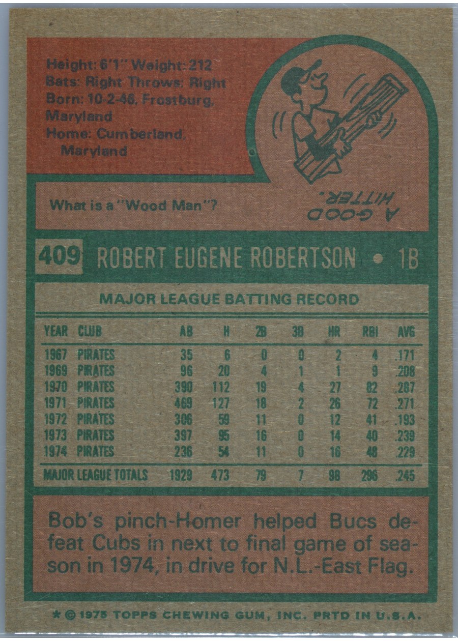 1975 Topps #409 Bob Robertson card back