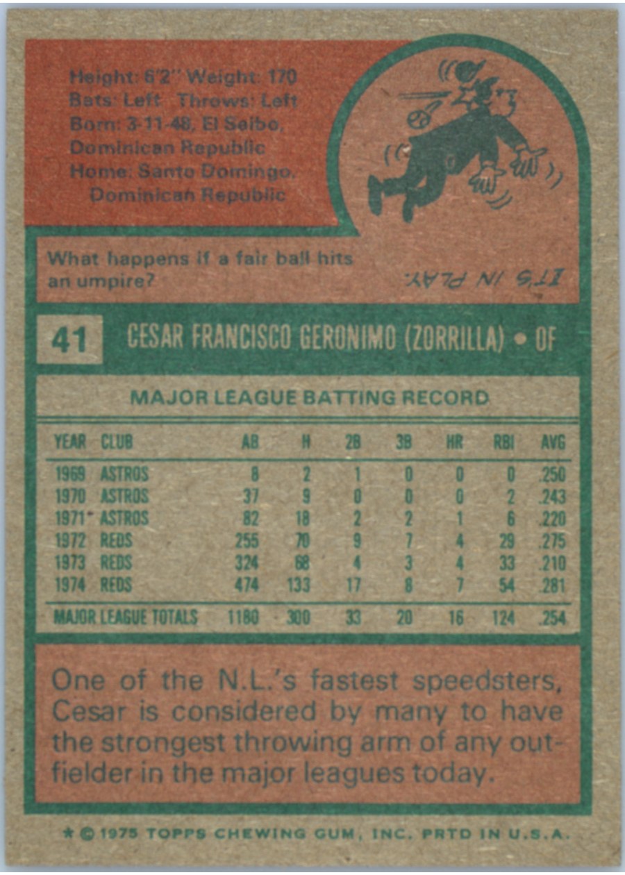 1975 Topps #41 Cesar Geronimo card back