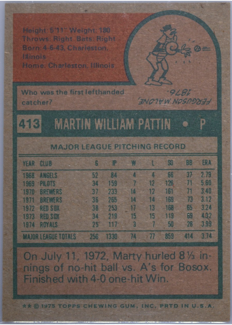 1975 Topps #413 Marty Pattin card back