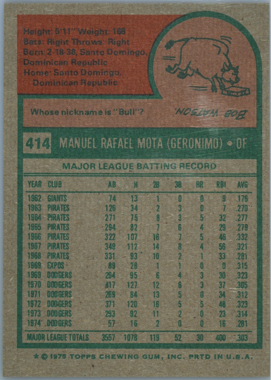 1975 Topps #414 Manny Mota card back