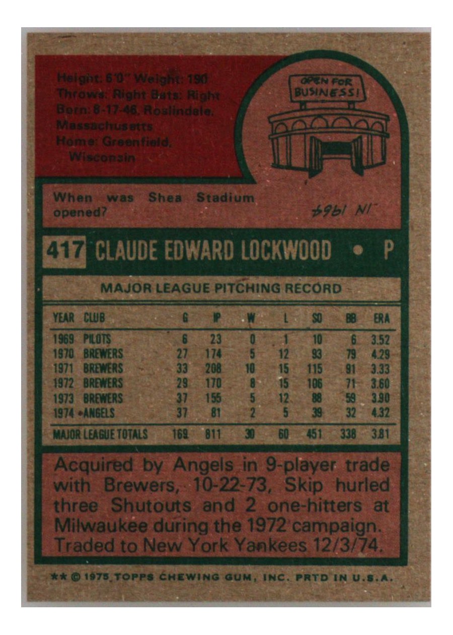 1975 Topps #417 Skip Lockwood card back