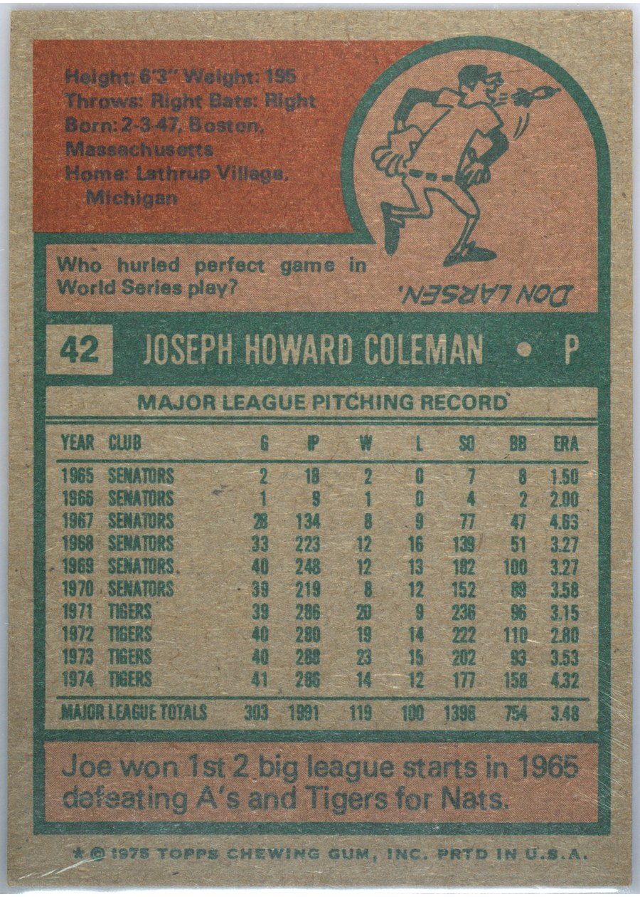 1975 Topps #42 Joe Coleman card back
