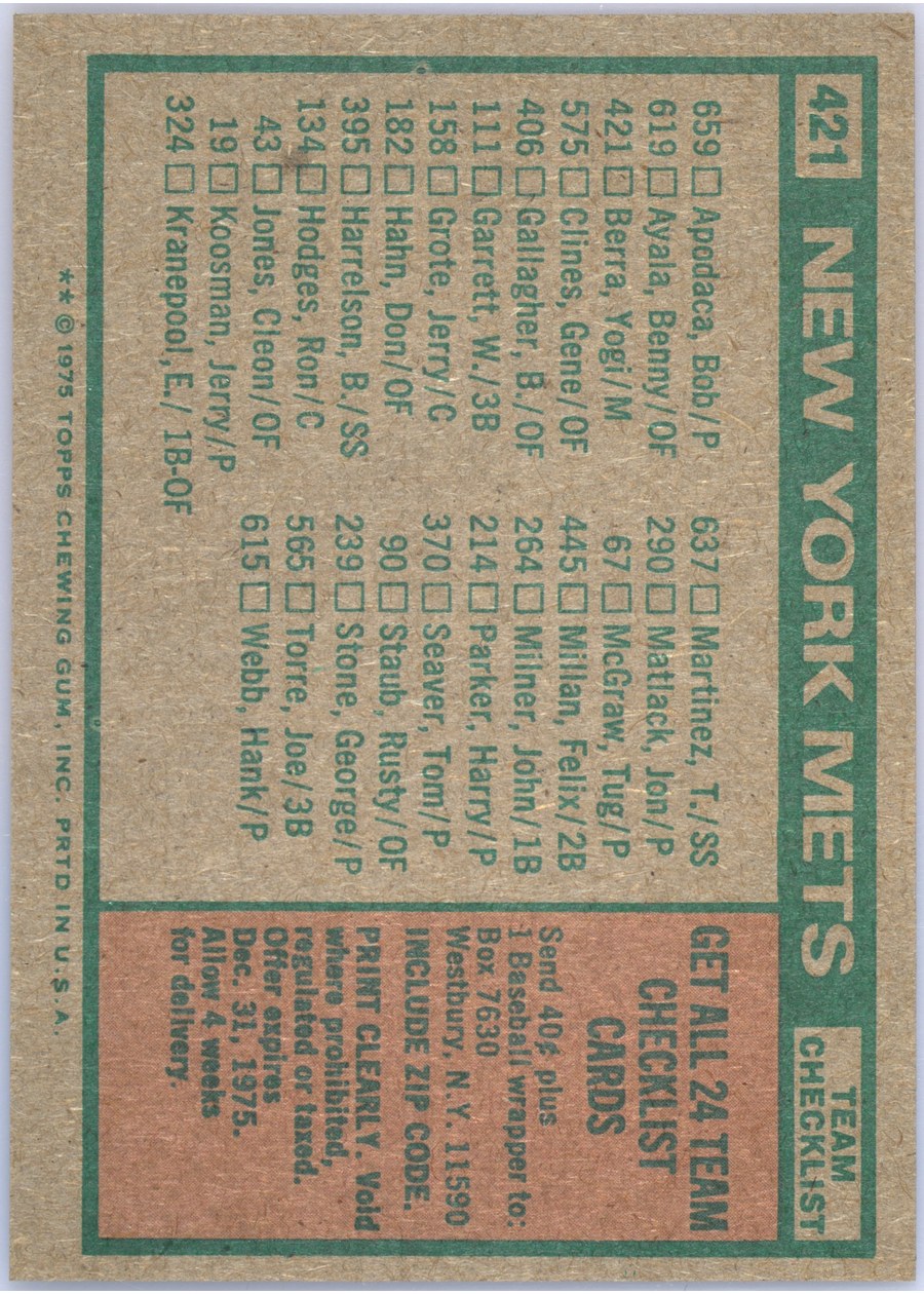 1975 Topps #421 New York Mets card back